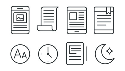 Line style icons of mobile app development: reading screen in app, scrollable article icon, e-reader layout, bookmarked content tab, font adjustment badge, reading time estimate, notes in margins