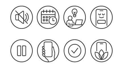 Line style icons of digital minimalism: distraction-free icon, time block calendar, focused work session, calm app interface, pause on feed symbol, simplified phone use, one-task symbol, tech balance