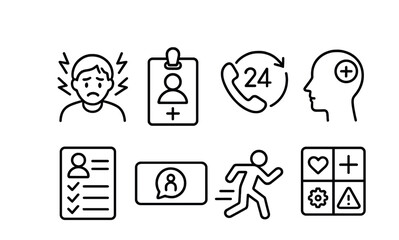 Line style icons of mental health and wellbeing: crisis support icon, emergency contact badge, 24/7 help line symbol, urgent care icon, safety plan card, “I need help” button, access support fast,