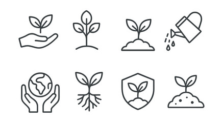 Line style icons of nature and ecology: plant in hand icon, growing tree symbol, seedling in soil, watering sprout, care for earth icon, roots and leaves, protect plant badge, soil health icon.