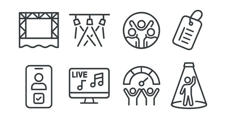 Line style icons of entertainment and media: live event stage icon, concert lights symbol, audience wave badge, VIP ticket tag, event check-in screen, live music feed, crowd energy meter, performer