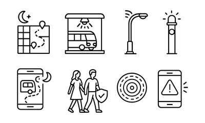 Line style icons of future urban transport: night safety route icon, lighted stop zone, smart lamp post, emergency button station, night shuttle tracker, safety escort option, visibility reflector