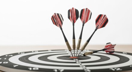 Multiple darts hit in the center of a black and white dartboard. Aiming for success and business achievement.