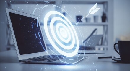 Laptop on a desk with digital target and arrow on the background. Business strategy achievement with technology. Accurate solution planning concept.