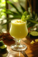A vibrant green-yellow smoothie made from pineapple and cucumber, served in a clear glass with a smooth