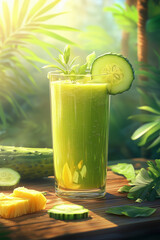 A vibrant green-yellow smoothie made from pineapple and cucumber, served in a clear glass with a smooth