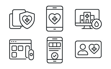 Line style icons of healthcare technology: brand identity in health tech, logo in hospital app, visual identity of clinic platform, custom color scheme badge, theme selector screen, brand card in EHR