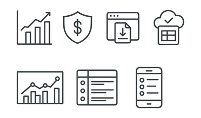 Line style icons of personal finance: income data graph, expense dataset badge, CSV import panel, cloud-synced ledger icon, tracked transactions chart, categorized entry table, finance entry list