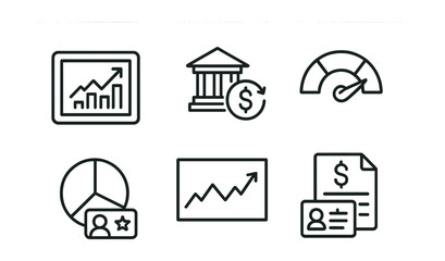 Line style icons of personal finance: investment portfolio screen, stocks and funds icon, risk tolerance meter, diversification pie chart, watchlist card badge, performance line chart, earnings