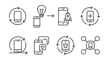 Line style icons of mobile app development: full product circle icon, idea-to-launch flow, dev lifecycle diagram, feature iteration loop, agile delivery sprint, user feedback loop icon, product