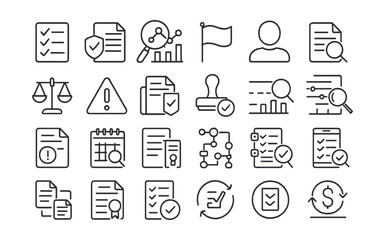 Line style icons of business audit: audit checklist, compliance report, financial review, red flag icon, auditor profile, document review, balance check, risk warning, audit file, audit stamp,