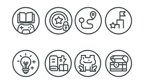 Line style icons of educational apps: gamified learning icon, game controller with book, badge unlock ring, app adventure path, challenge level symbol, fun with knowledge badge, mini-game learning,