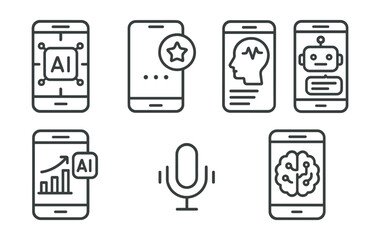 Line style icons of artificial intelligence: AI mobile assistant icon, smart phone prediction badge, mobile behavior tracking screen, chatbot on phone layout, mobile productivity AI, voice assistant