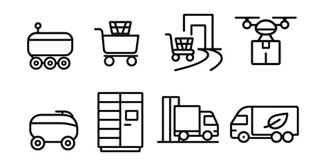 Line style icons of future urban transport: autonomous delivery robot, mobile goods cart, sidewalk logistics icon, rolling drone box, last-mile bot, smart parcel locker, delivery dock symbol,
