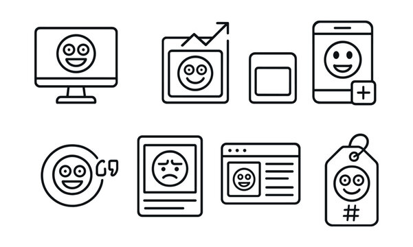 Line style icons of entertainment and media: meme generator icon, trending meme panel, add caption screen, image + quote badge, reaction meme card, viral humor layout, social meme tag.
