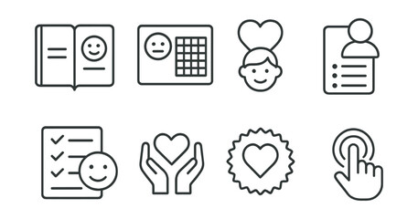 Line style icons of children’s emotional literacy: “my emotions today” journal, weekly mood map, safe person card, trusted list icon, how I feel checklist, care request symbol, name your needs badge,