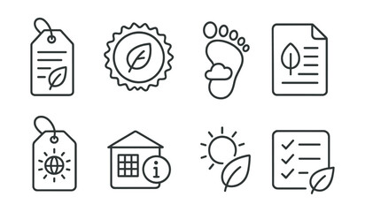Line style icons of conscious consumption: eco rating tag, sustainable product badge, carbon footprint label, green product report, impact icon on label, company transparency icon, low impact symbol,