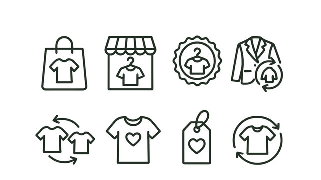 Line style icons of conscious consumption: second-hand icon, thrift store symbol, vintage find badge, reuse with style icon, swap party symbol, pre-loved item, clothing with story tag, circular