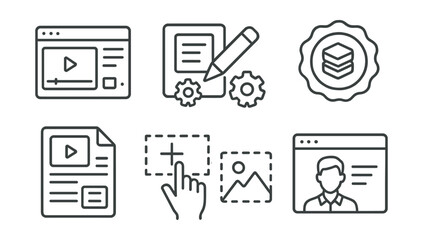 Line style icons of online education: course development screen, content builder icon, module creation badge, instructor interface symbol, lesson composer icon, drag-and-drop tool, build your course
