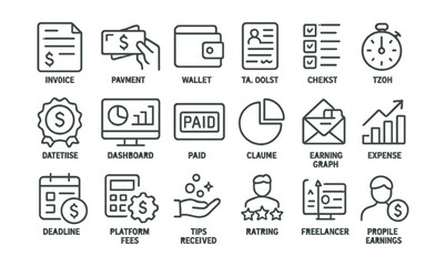 Line style icons of freelance finance: invoice, payment request, freelance wallet, client contract, task list, time tracker, hourly rate, project cost, freelance dashboard, paid stamp, income pie