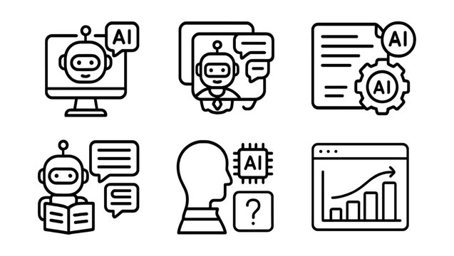 Line style icons of online education: AI course assistant icon, chatbot for learning, smart tutor badge, AI feedback generator, content summary bot, voice-to-quiz AI, auto-grade system, adaptive