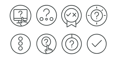Line style icons of educational apps: interactive quiz icon, question with options ring, true/false badge, timed quiz symbol, multiple choice circle, tap to answer icon, quiz progress ring, correct