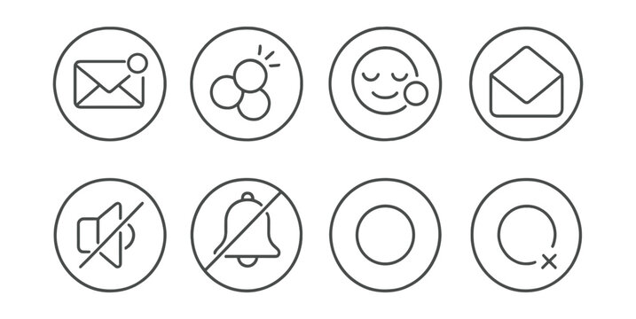 Line style icons of digital minimalism: minimal notifications icon, batch alerts, quiet bubble badge, inbox zero face, mute by default, custom sound off, icon without badge, clear dot interface.