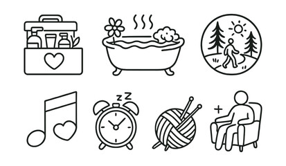 Line style icons of mental health and wellbeing: self-care toolkit icon, warm bath icon, nourishing food plate, walk in nature badge, music therapy note, time for rest icon, favorite hobby sketch,