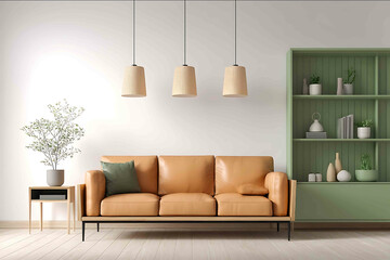 A modern living room with white walls a green bookcase and a light brown leather sofa The scene includes three pendant lights hanging from the ceiling in bei