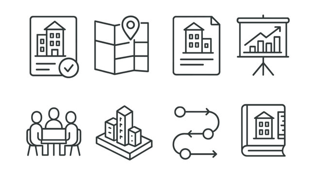 Line style icons of architecture and cities: building permit icon, zoning map, planning application file, urban development chart, review meeting table, city model board, planning process path,