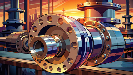 A close-up view reveals the polished steel pipe flange connection at a bustling industrial refinery plant, with the warm glow of a sunset sky casting reflections across the metallic surface.