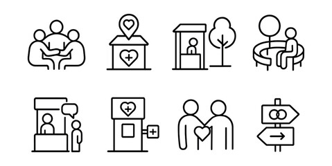 Line style icons of caring cities: peer support group icon, public mental health hub, therapy booth in park, support circle bench, talk-to-someone stand, mental aid station, empathy zone, connection