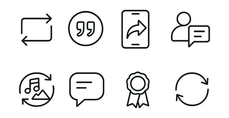 Line style icons of social media and communication: reposting feature icon, quote post badge, share to timeline screen, credit tag icon, remixed media symbol, post-with-comment bubble, attribution