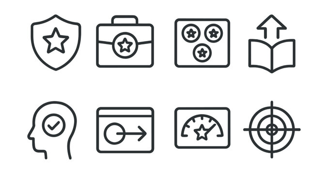 Line style icons of future skills: future skills badge, skill portfolio icon, badge collection interface, upgrade your skills icon, self-assessment tool, next-skill indicator, future-readiness score,