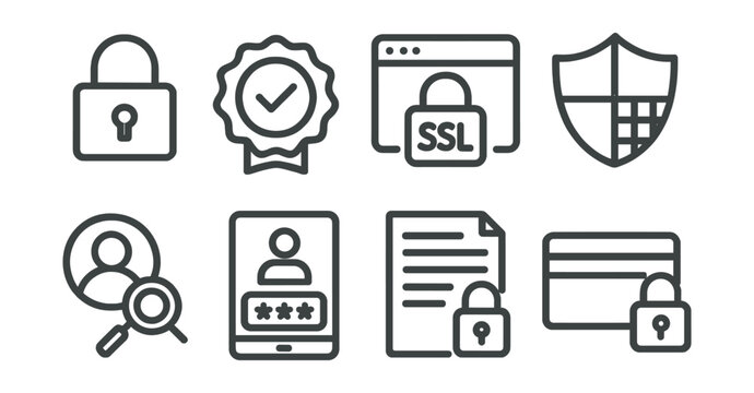 Line style icons of e-commerce: security padlock icon, buyer protection badge, SSL verified checkout, data encryption shield, fraud detection icon, secure login screen, privacy policy page, safe