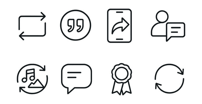 Line style icons of social media and communication: reposting feature icon, quote post badge, share to timeline screen, credit tag icon, remixed media symbol, post-with-comment bubble, attribution