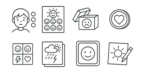 Line style icons of children’s emotional literacy: daily check-in icon, morning mood chart, goodbye worry box, kindness token symbol, feelings color card, inside weather report, “how are you today”