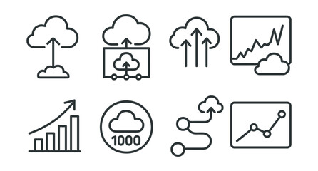 Line style icons of cloud computing: cloud growth icon, infrastructure expansion plan, service scale-up symbol, network traffic spike, user base increase chart, usage milestone badge, scaling