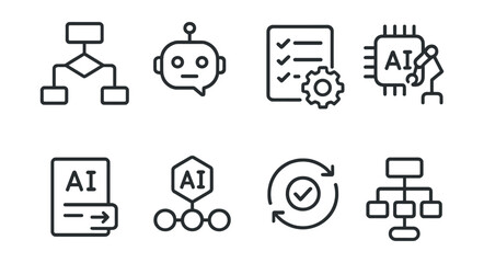 Line style icons of artificial intelligence: automation flow icon, auto-response engine, rule-based task runner, robotic process trigger, automated action card, workflow pipeline badge, smart repeat