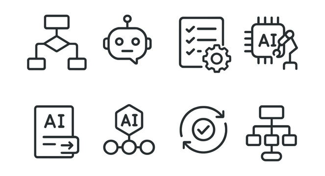 Line style icons of artificial intelligence: automation flow icon, auto-response engine, rule-based task runner, robotic process trigger, automated action card, workflow pipeline badge, smart repeat