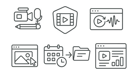 Line style icons of entertainment and media: content creator tools icon, video editor badge, audio sync interface, thumbnail editor screen, schedule publish calendar, export content flow, channel