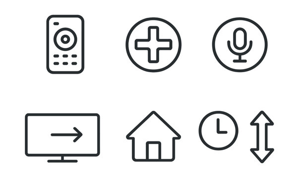 Line style icons of entertainment and media: smart TV remote icon, navigation pad badge, voice command button, input toggle screen, home shortcut icon, watch history key, channel switch symbol.