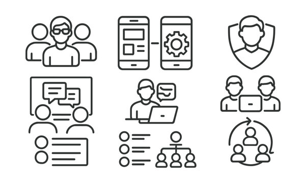 Line style icons of mobile app development: developer team group icon, frontend + backend icons, product owner badge, team collaboration screen, peer coding icon, team roles list, cross-functional