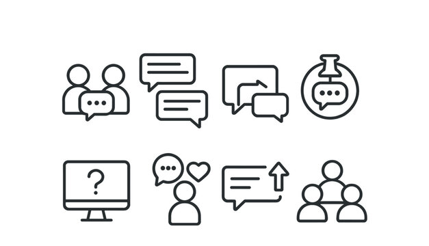 Line style icons of EdTech platforms: peer discussion board, course forum thread, reply to comment icon, pin discussion badge, ask a question screen, community support icon, reply + upvote icon,