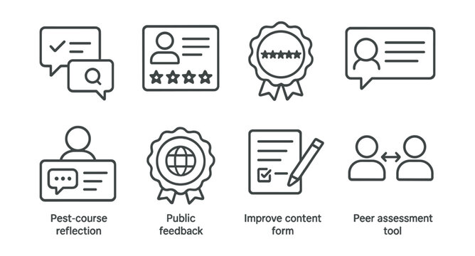 Line style icons of EdTech platforms: feedback and review icon, student review card, 5-star rating badge, lesson comment section, post-course reflection icon, public feedback badge, improve content