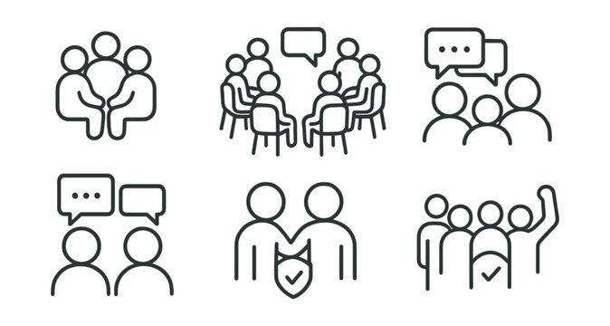 Line style icons of mental health and wellbeing: support group icon, group therapy circle, community talk badge, shared experience icon, peer support chat, mutual care panel, safe group setting,