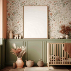 a 3d studio mock up of a hyperrealistic photograph of a nursery with a cottage core theme and a large A1 sized blank empty frame on one wall portrait orienta