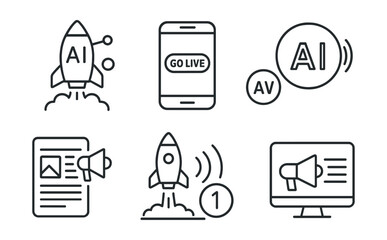 Line style icons of artificial intelligence: product launch with AI, go live button screen, AI feature rollout badge, deployment countdown symbol, press release draft panel, first release moment,