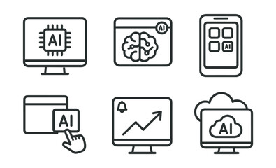 Line style icons of artificial intelligence: desktop AI tools screen, intelligent desktop widget, app launcher with AI, drag & drop AI module, desktop notification with prediction, cloud desktop