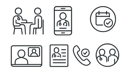 Line style icons of healthcare technology: doctor-patient meeting icon, in-app consultation screen, appointment circle view, scheduled call symbol, video intake screen, health discussion log,